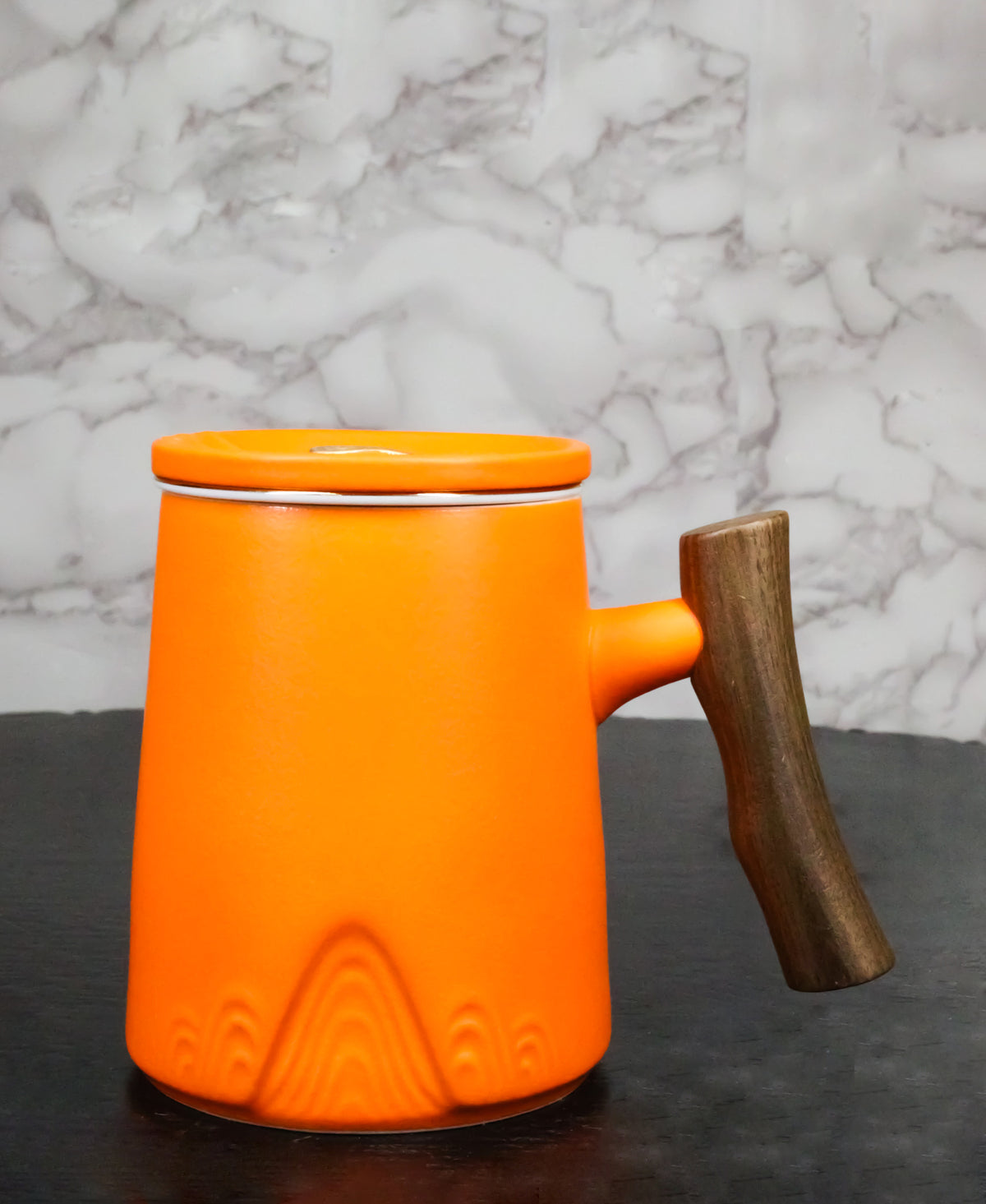 Orange 15 Oz Chic Porcelain Tea Mug with Wooden Handle, Lid and Infuser