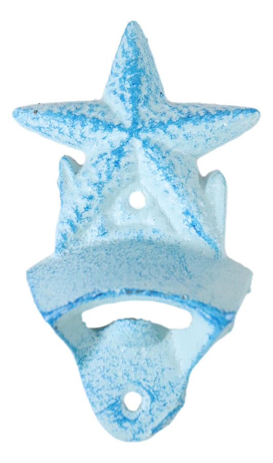 Set Of 2 Cast Iron Rustic Beach Blue Marine Sea Star Starfish Wall Bottle Opener