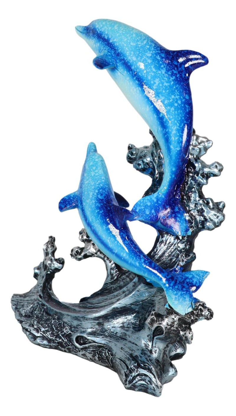 Nautical Marine Sea Ocean 2 Blue Dolphins Leaping Out Of The Reef Waves Figurine