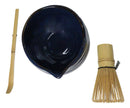 Glossy Navy Blue Ceramic Japanese Matcha Green Tea Bowl Whisk & Scoop Set