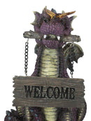 Whimsical Purple Garden Dragon With Butterfly Biting Welcome Plank Sign Figurine