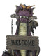 Whimsical Purple Garden Dragon With Butterfly Biting Welcome Plank Sign Figurine