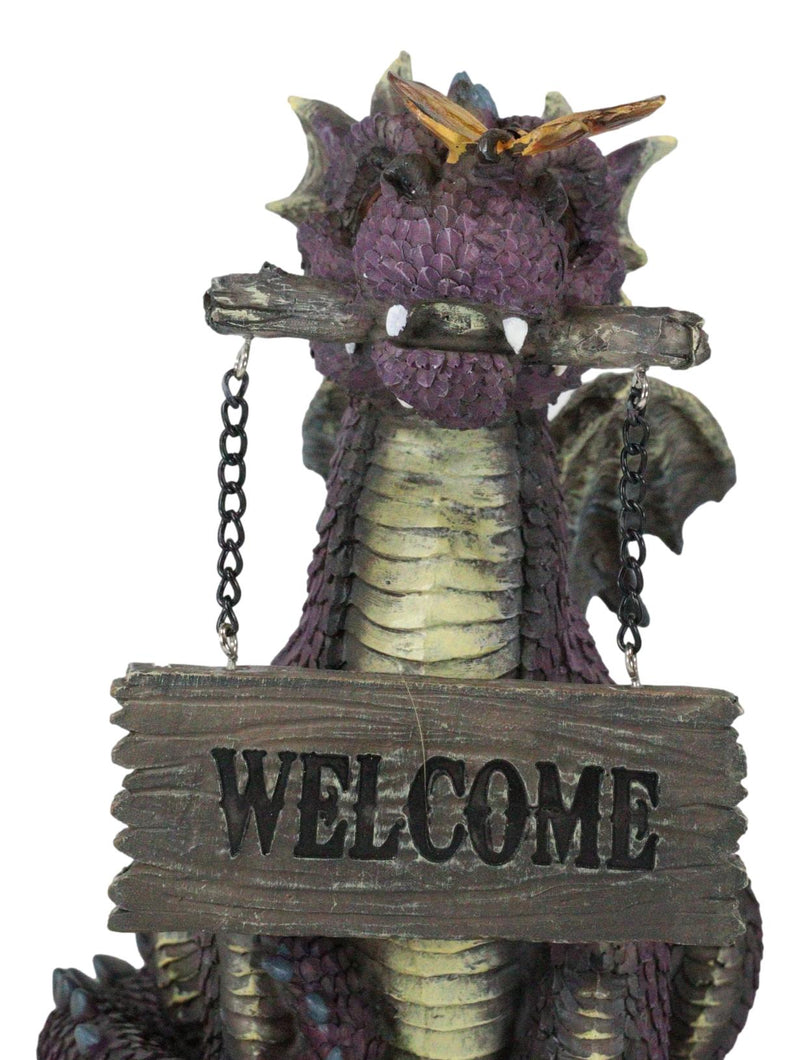 Whimsical Purple Garden Dragon With Butterfly Biting Welcome Plank Sign Figurine