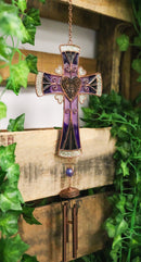 Purple Floral Scroll Hearts Christian Cross Art Glass Metal Resonant Wind Chime