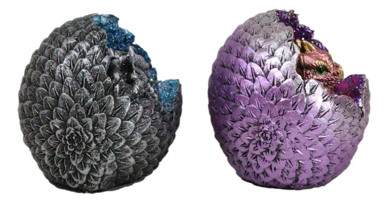 Set of 2 Galaxy Space Baby Dragons In LED Light Faux Geode Quartz Eggs Figurines