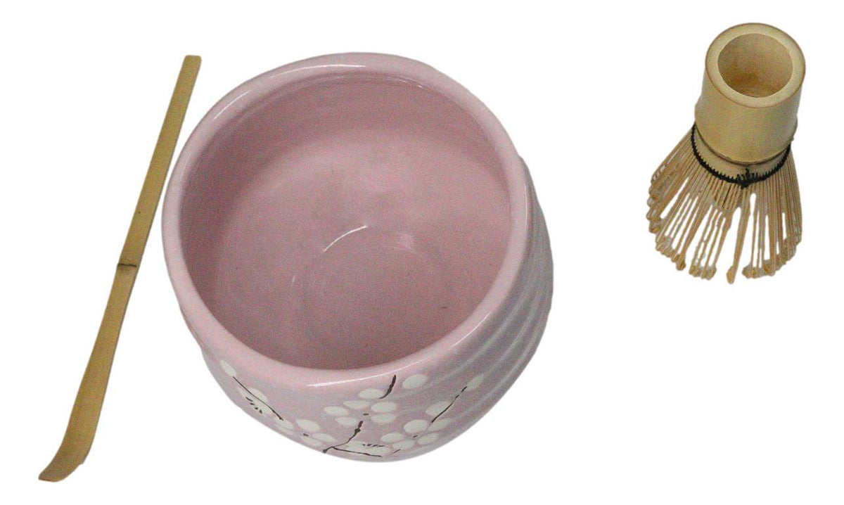 Pink Sakura Blossoms Ceramic Japanese Matcha Green Tea Bowl Whisk & Scoop Set