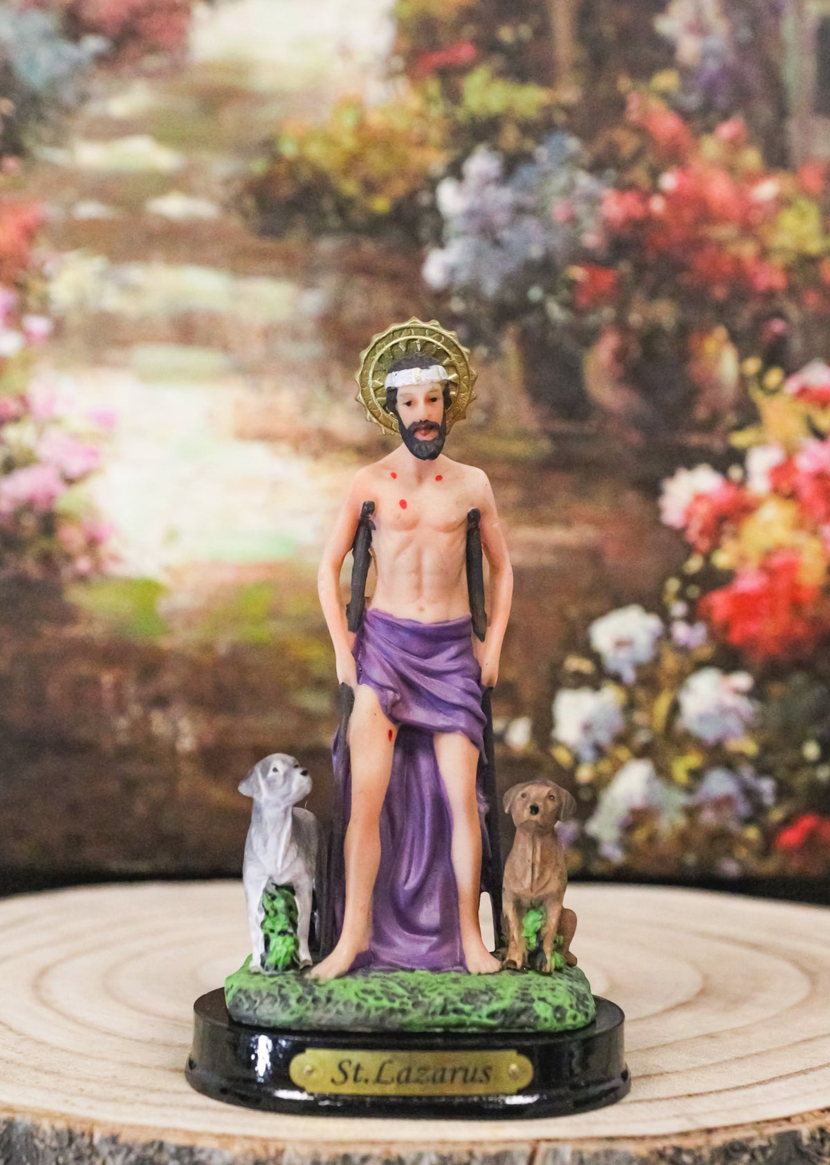 Catholic Saint Lazarus with Dogs and Sun Border Medal Figurine With Name Base - Ebros Gift