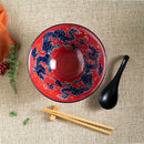 Red Dragon King Ceramic Ramen Rice Bowl With Soup Spoon Chopsticks And Rest Set