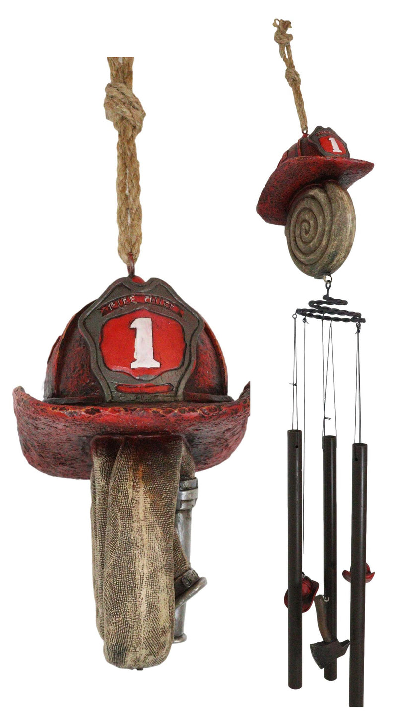 Fire Fighter Axe Fireman Station Number 1 Hat with Coiled Water Hose Wind Chime