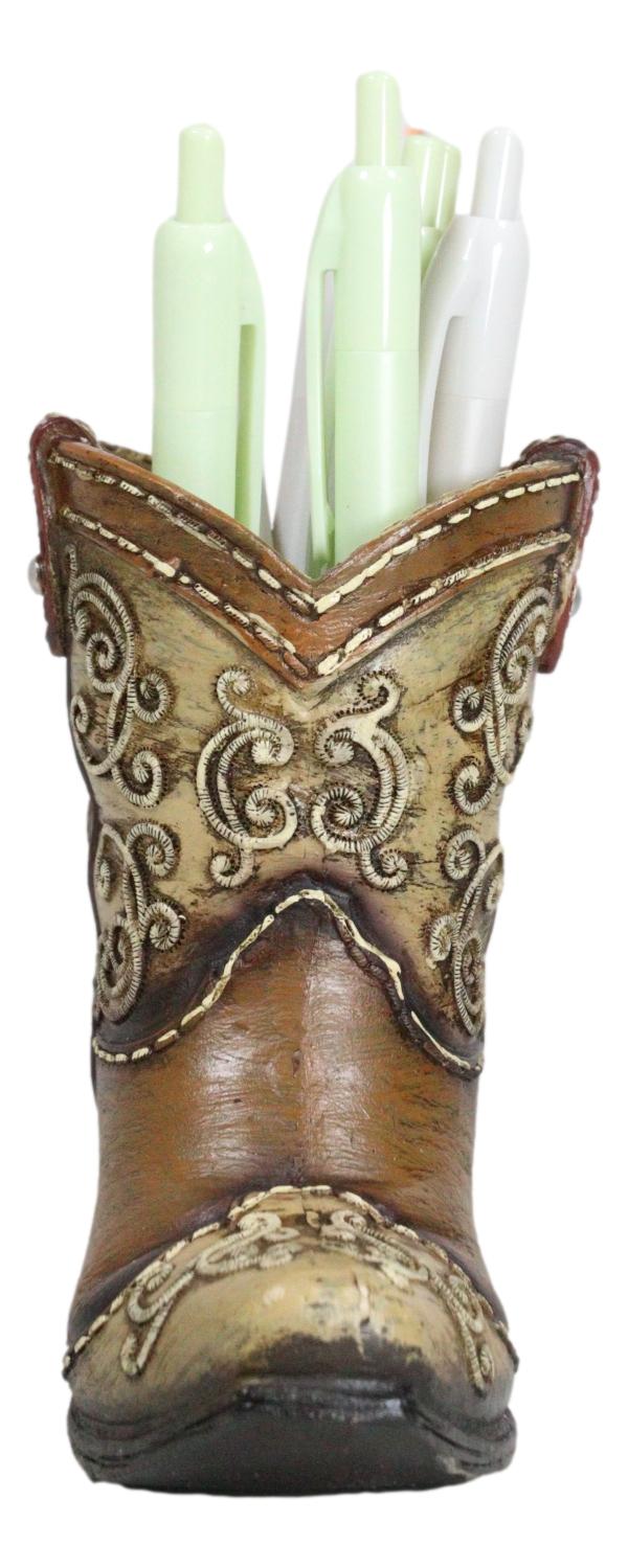 Rustic Western Cowboy Cowgirl Boot Faux Tooled Leather Scrollwork Pen Holder