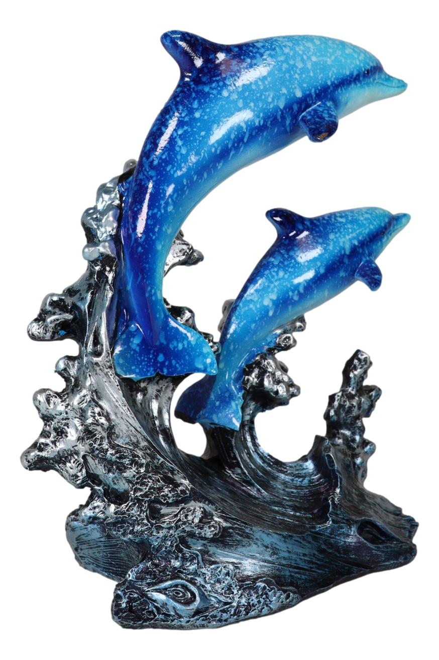 Nautical Marine Sea Ocean 2 Blue Dolphins Swimming Over Reef Waves Figurine - Ebros Gift