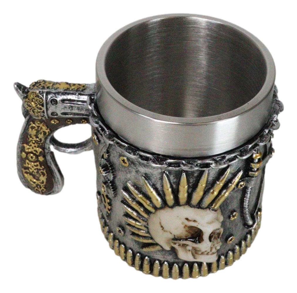 Steampunk Bullets Mohawk Skull War Dog Coffee Mug With Pistol Revolver Handle