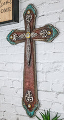 Rustic Western Cowboy Diamond Teardrop Crystals Tooled Leather Wall Cross Plaque