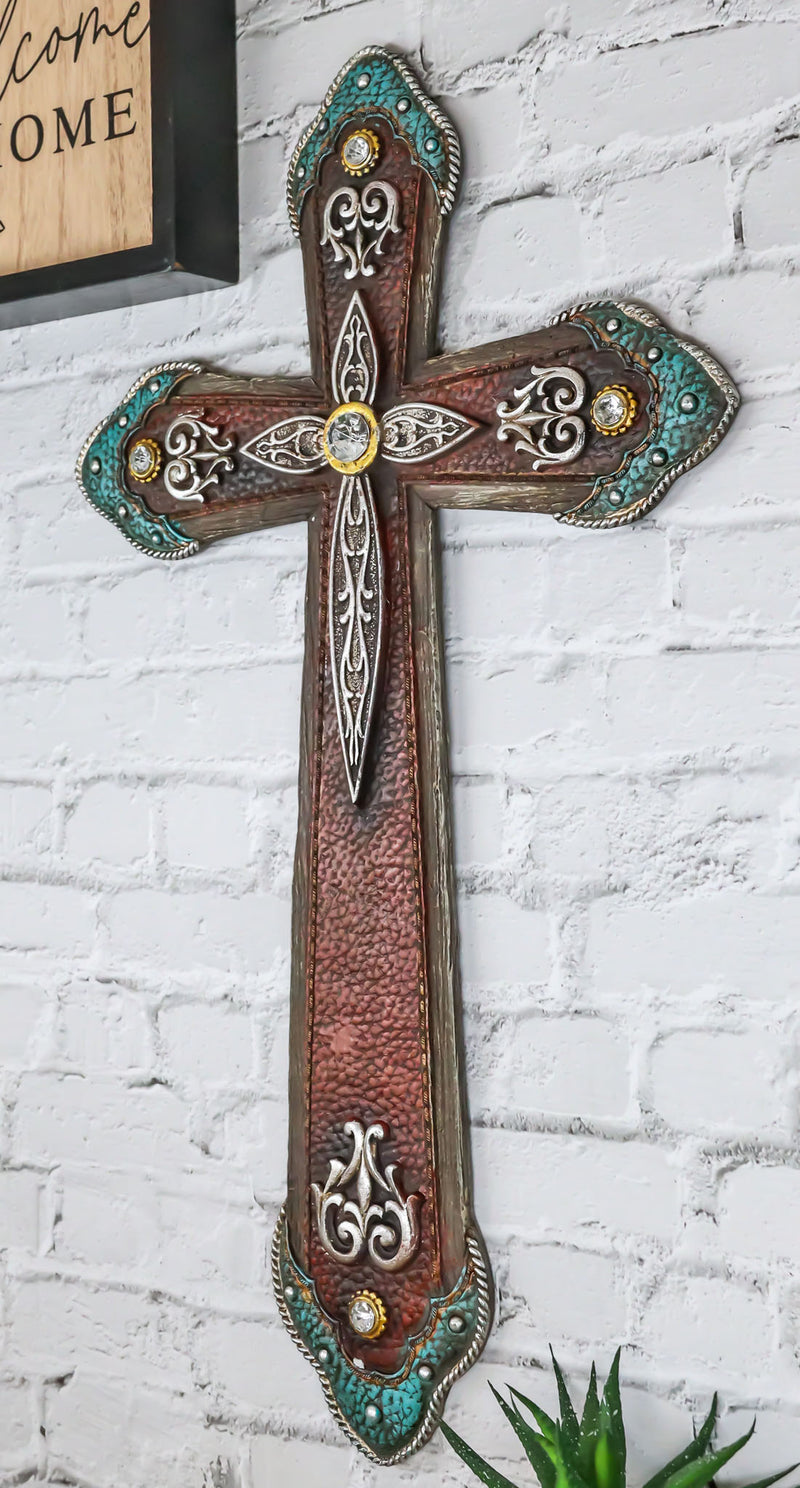 Rustic Western Cowboy Diamond Teardrop Crystals Tooled Leather Wall Cross Plaque