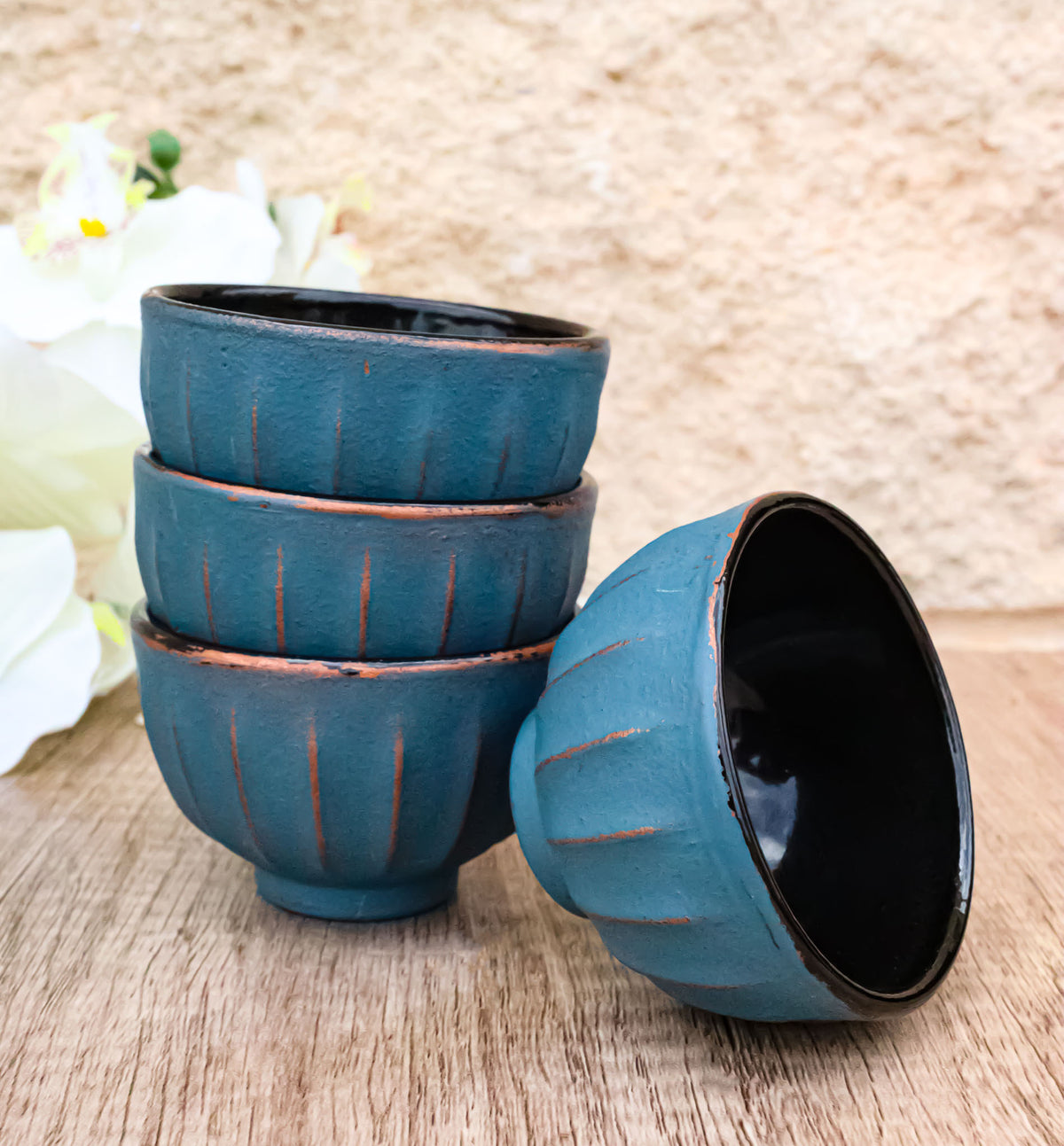 Blue Gold Ridged Lines Japanese Tetsubin Style Cast Iron Tea Cups Set of 4