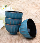 Blue Gold Ridged Lines Japanese Tetsubin Style Cast Iron Tea Cups Set of 4