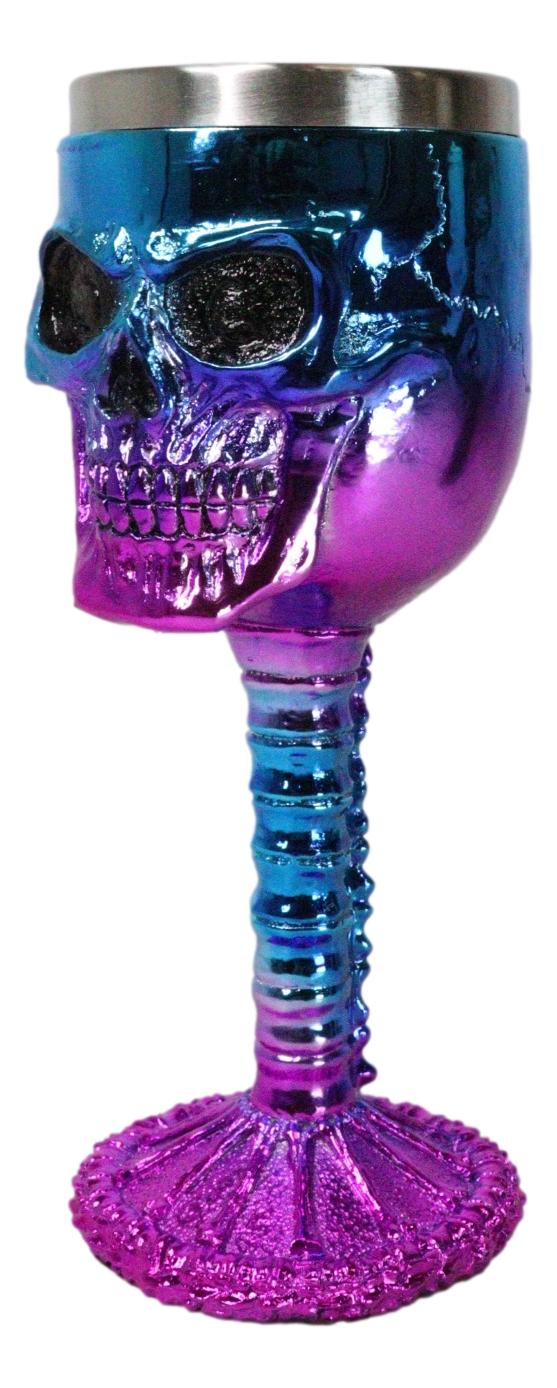Metallic Blue And Pink Plated Skull With Skeleton Spine And Bones Wine Goblet - Ebros Gift