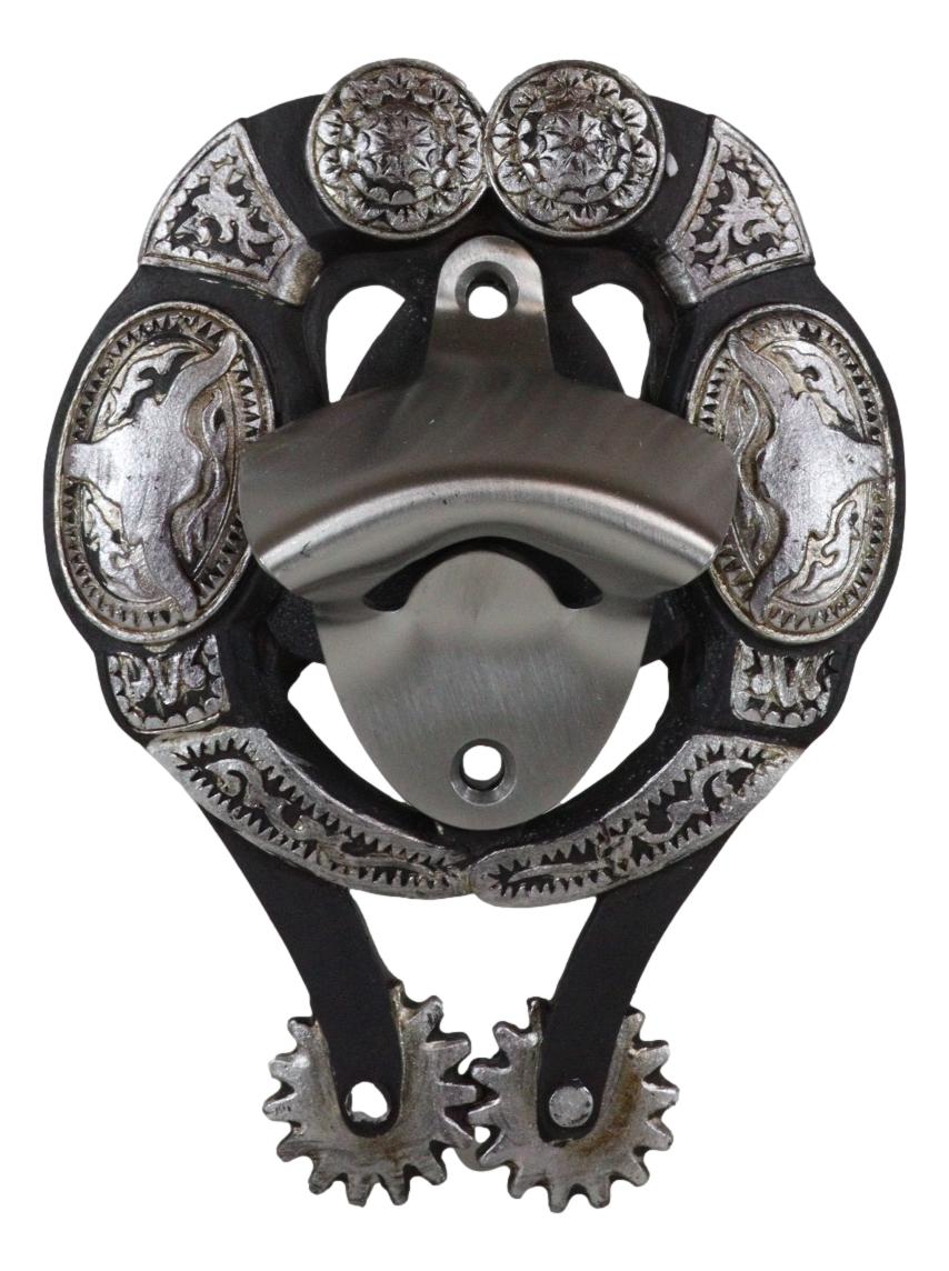 Rustic Western Cowboy Boot Spur With Silver Longhorn Conchos Wall Bottle Opener