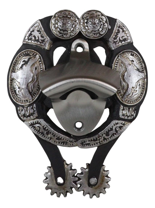 Rustic Western Cowboy Boot Spur With Silver Longhorn Conchos Wall Bottle Opener