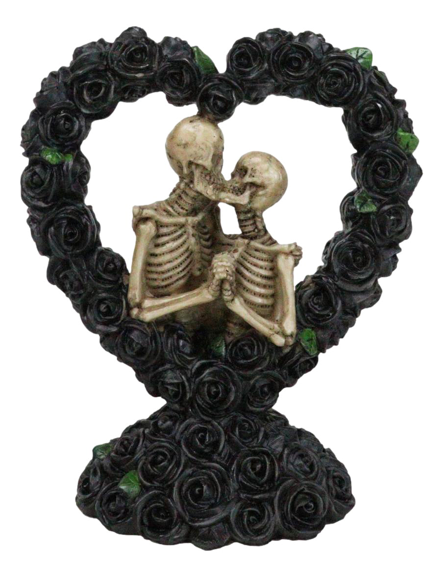 Love Never Dies Black Bridal Roses Heart Wreath Skeleton Couple Kissing Figurine - Ebros Gift