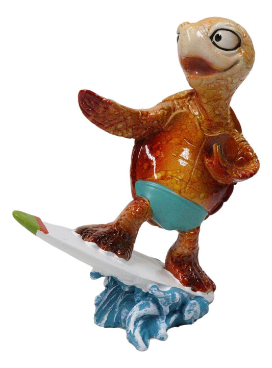 Sunkissed Surfing Turtle with Brown Shell Riding Surfboard Over Waves Figurine
