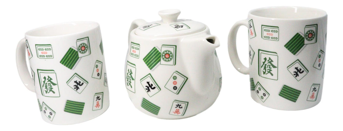 Green White Chinese Mahjong Tiles Ceramic Tea Pot 15oz And 2 Cup Mugs 11oz Set