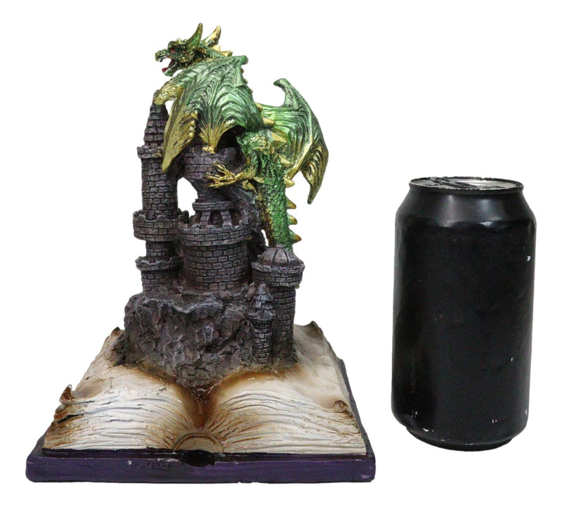 Medieval Green Dragon Perching On LED Castle With Book of Spells Figurine