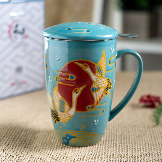 Turquoise Japanese Crane 15oz Porcelain Tea Mug With Lid Stainless Steel Infuser
