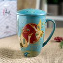 Turquoise Japanese Crane 15oz Porcelain Tea Mug With Lid Stainless Steel Infuser