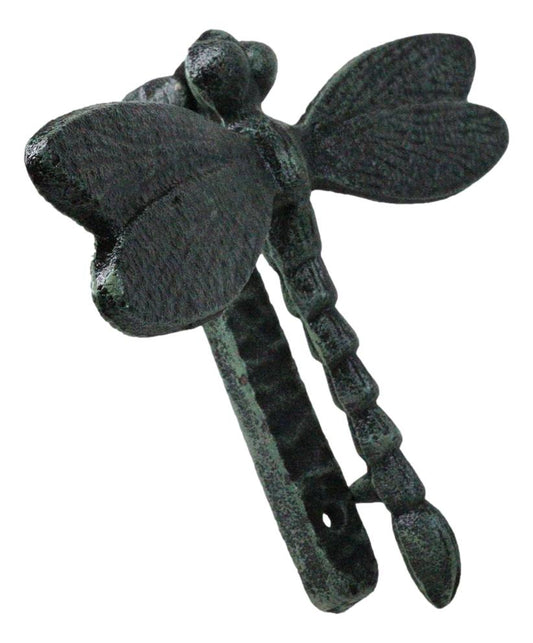 Cast Iron Verdi Green Auspicious Dragonfly Door Knocker With Strike Plate - Ebros Gift