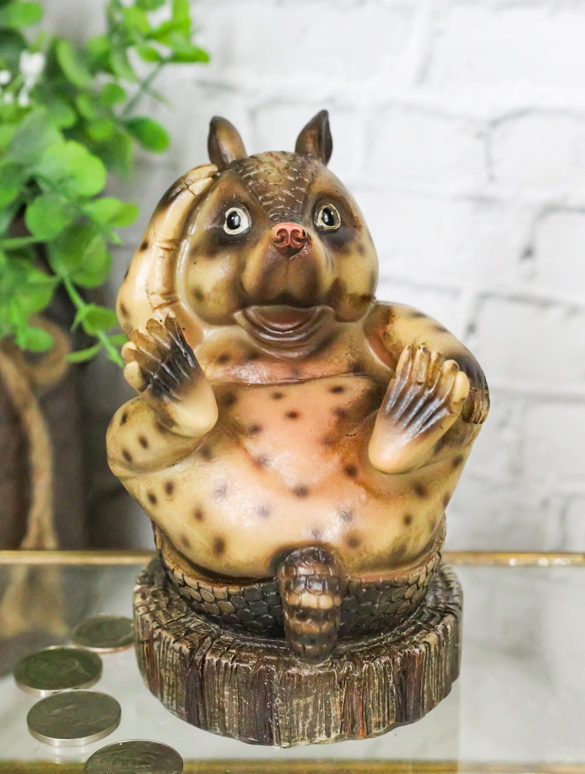 Western Rustic Texas Comical Baby Armadillo On Tree Money Coin Bank Figurine