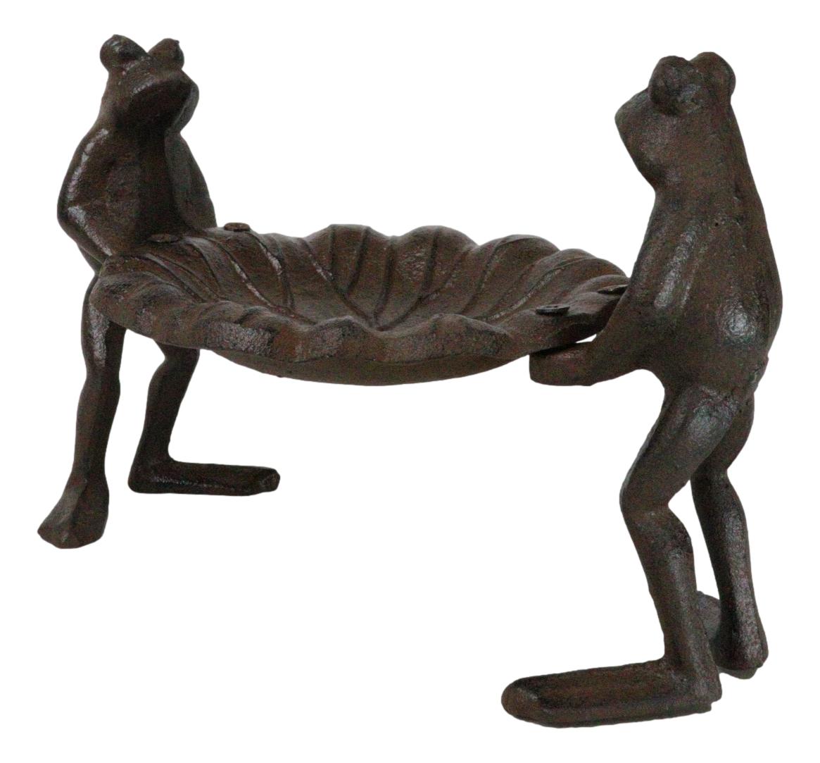Cast Iron 2 Toad Frogs With Waterlily Lily Pad Bird Feeder Bath Garden Figurine - Ebros Gift