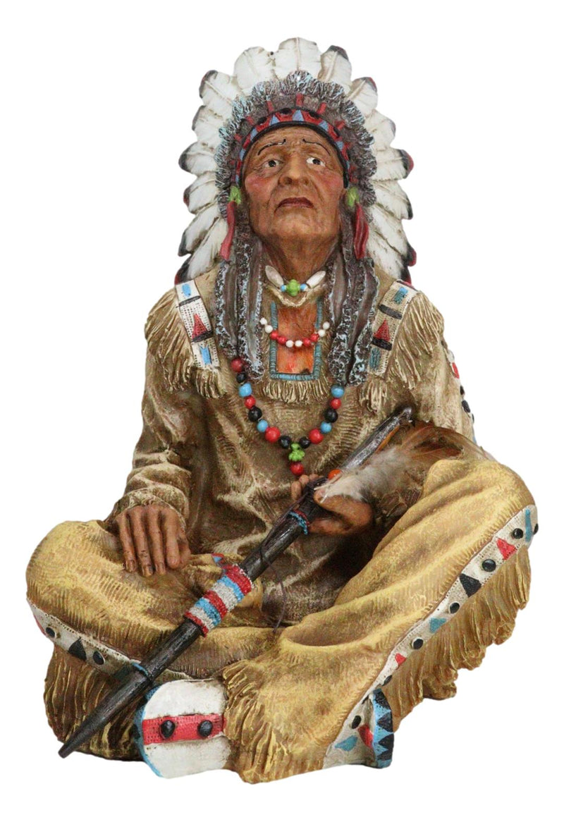 Large Sitting Native Indian Tribal Chief Medicine Man With Peace Pipe Figurine
