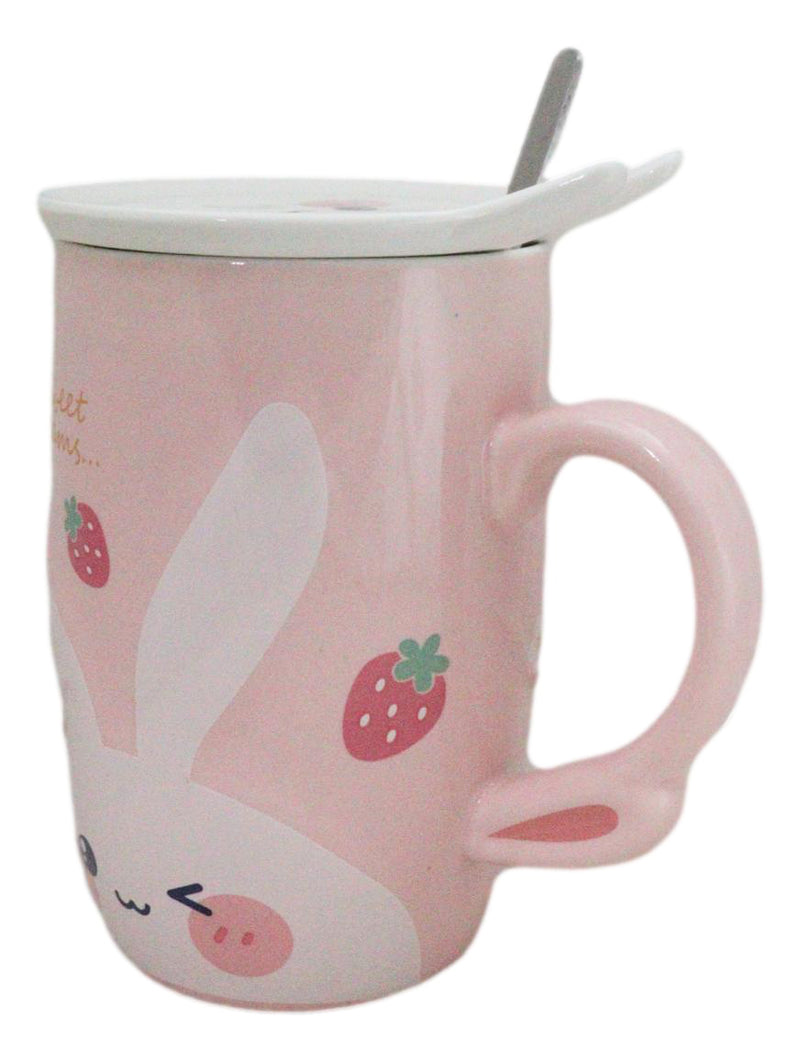 Pink Bunny Rabbit Strawberries Sweet Dreams Ceramic Mug With Lid And Spoon