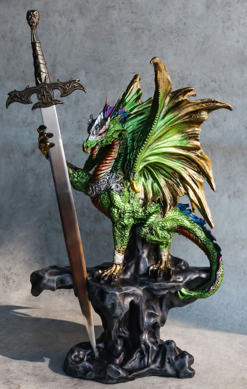 Green Knight Armored Rune Dragon With Gothic Skull Sword Letter Opener Figurine