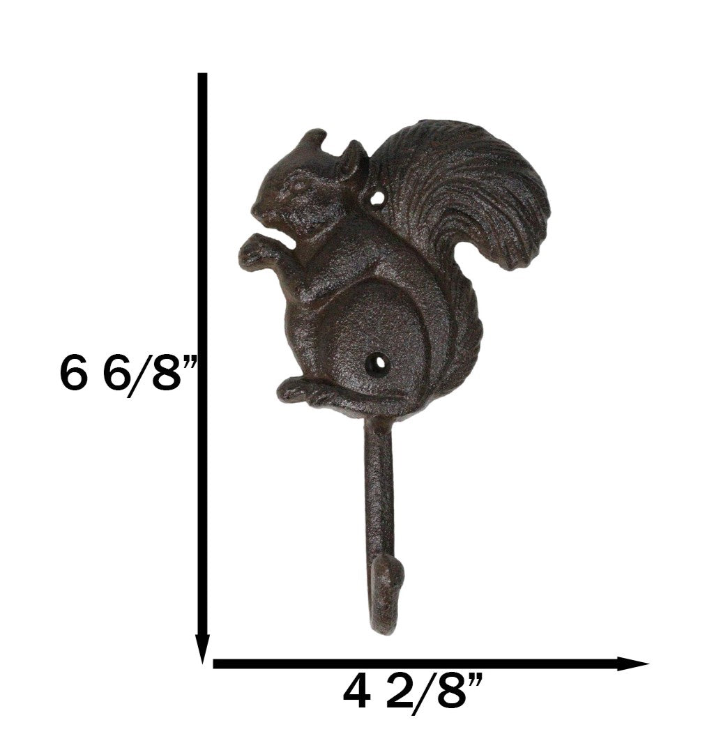 Pack Of 2 Cast Iron Rustic Whimsical Tree Squirrel Chipmunk with Acorn Wall Hook