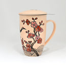 Beige Crane Flowers 15oz Porcelain Tea Mug With Lid And Stainless Steel Infuser