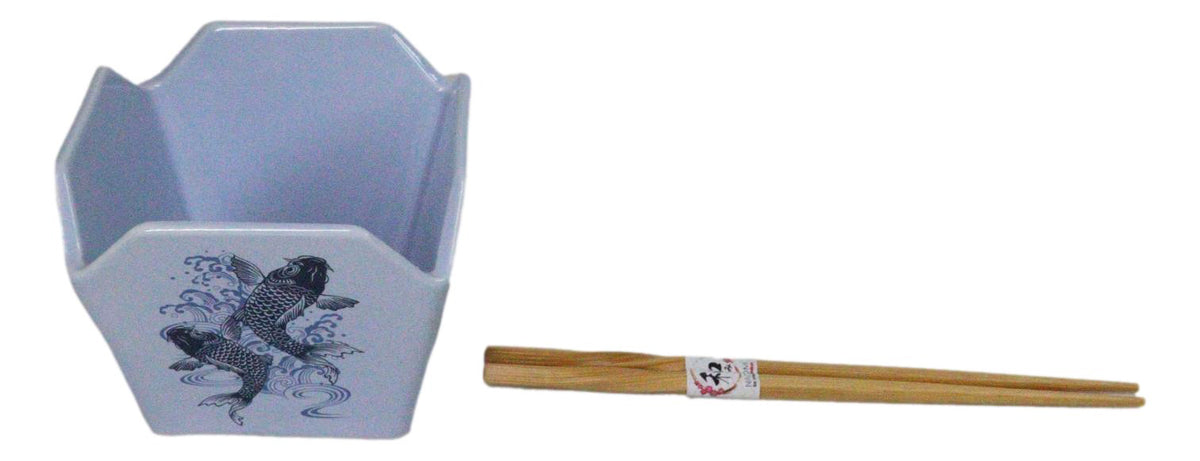 Blue Koi Fishes In Water Takeout To Go Box Serving Bowl With Chopsticks Set