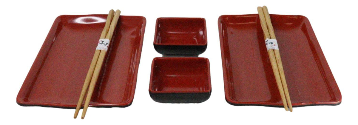Red Black Melamine Wavy Sushi Plates Sauce Dishes And Chopsticks Set Serves 2