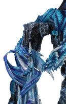 20"H Large Blue Frozen Dragon On Arch With Wyrmling By Ice Stalagmite Statue