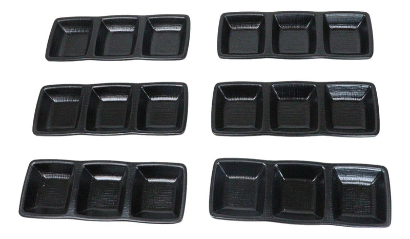 Pack Of 6 Black Silk Melamine 3 Partition Condiment Sauce Dipping Bowl or Dishes
