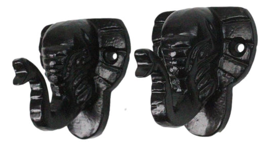 Pack of 2 Black Cast Iron Safari Wildlife Jungle Elephant Small Wall Hooks