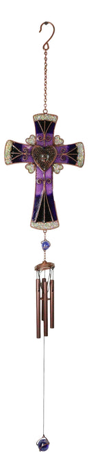 Purple Floral Scroll Hearts Christian Cross Art Glass Metal Resonant Wind Chime