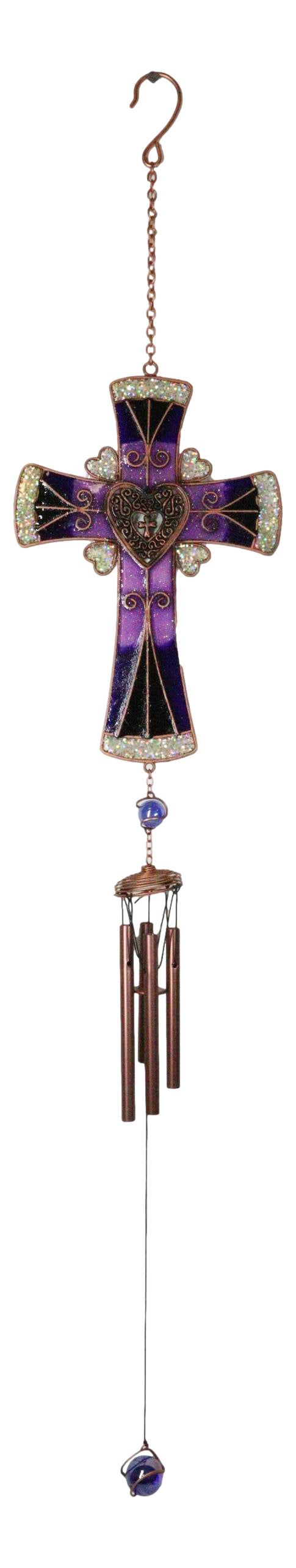 Purple Floral Scroll Hearts Christian Cross Art Glass Metal Resonant Wind Chime