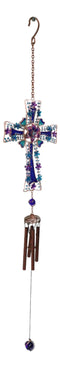 Blue Floral Aquamarine Cross With Gemstones Metal Scroll Filigree Wind Chime