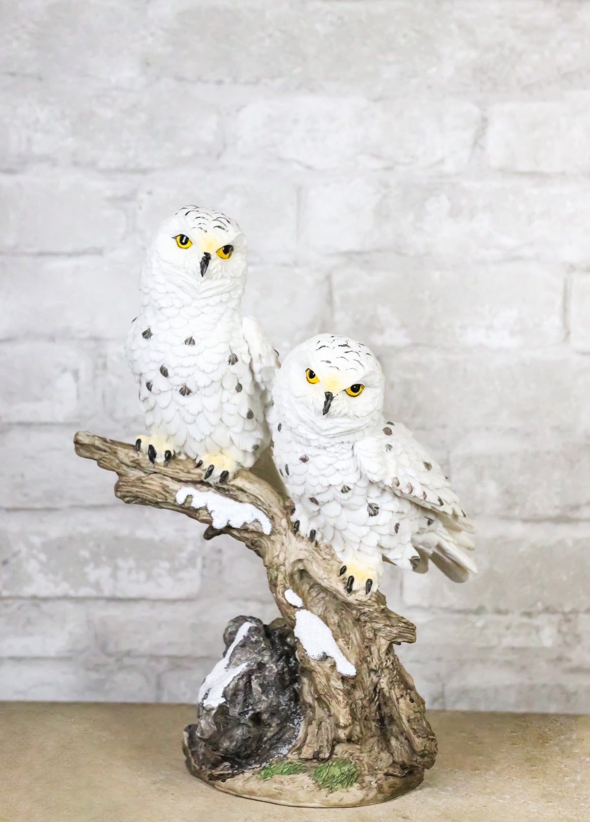 12-Inch Snowy Winter Spotted Owl Couple Figurine on Snow-Covered Tree Branch