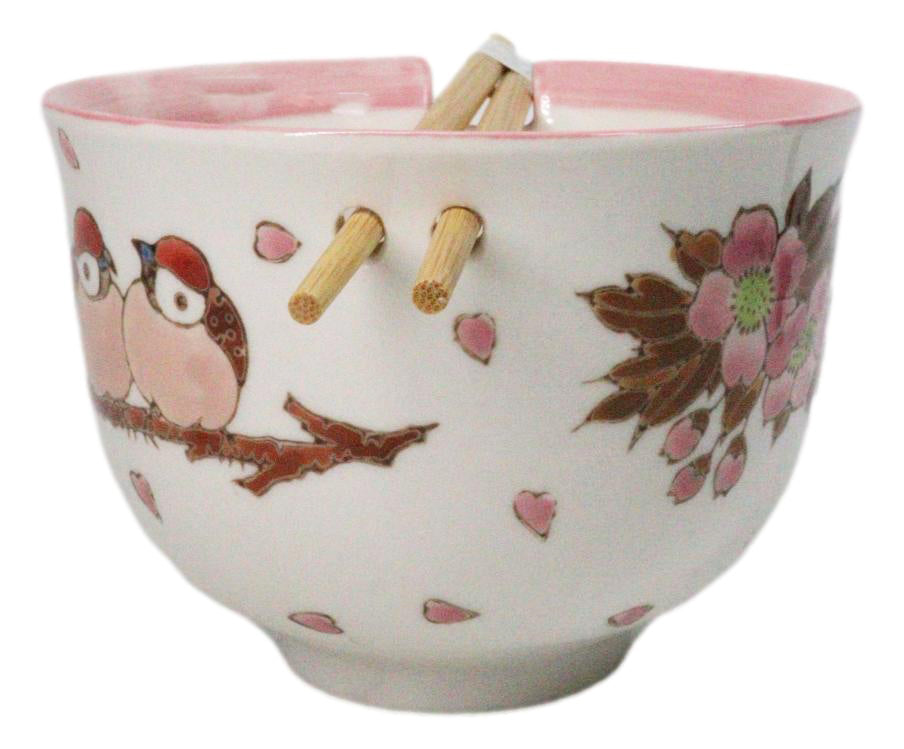 Twin Sparrows Cherry Blossom Ceramic Donburi Ramen Bowl With Chopsticks Set