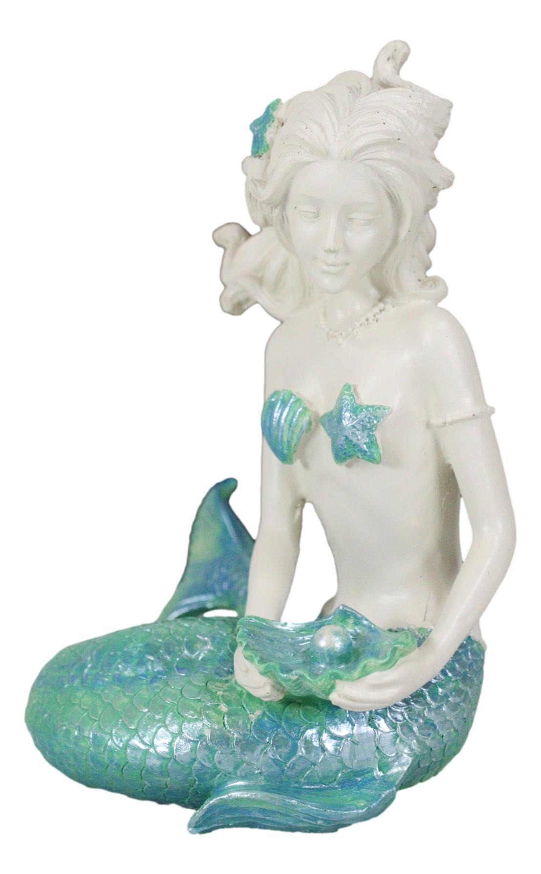 Nautical Aqua Capiz Blue Tailed Mermaid Holding Pearl In Clam Shell Figurine