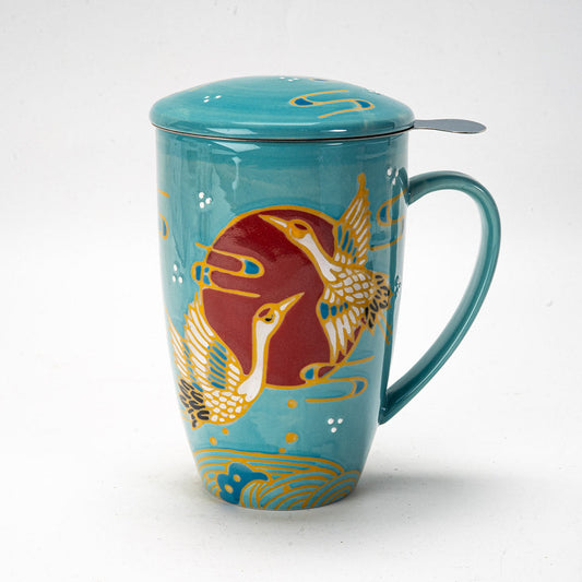 Turquoise Japanese Crane 15oz Porcelain Tea Mug With Lid Stainless Steel Infuser
