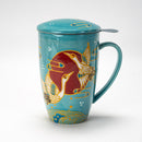 Turquoise Japanese Crane 15oz Porcelain Tea Mug With Lid Stainless Steel Infuser